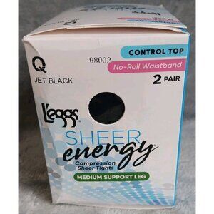 L'eggs Sheer Energy Tights Q Jet Black No Roll Waist Control Top Tights 2 Pairs